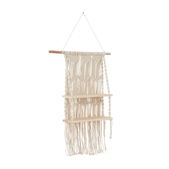 White Cotton Handmade 2 Shelves Macrame Wall Shelf 25" x 6" x 49"